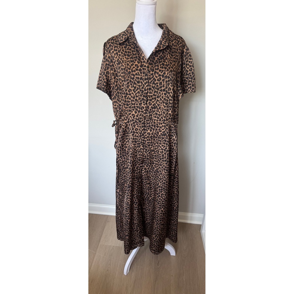 Nordstrom Rack Leopard Print Shirt Dress Brown Black Animal Midi Button Front L